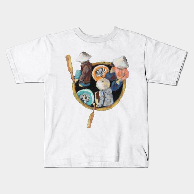 Chinese fishing round boat Kids T-Shirt by Kuhtina